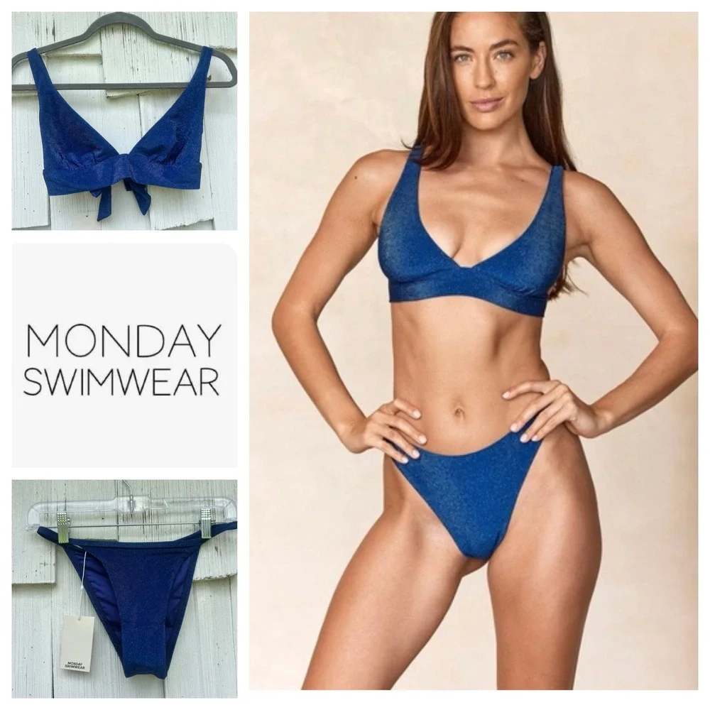 Monday Swimwear Portofino Top Kauai Bottom Navy Shimmer Bikini Set NWT Size S